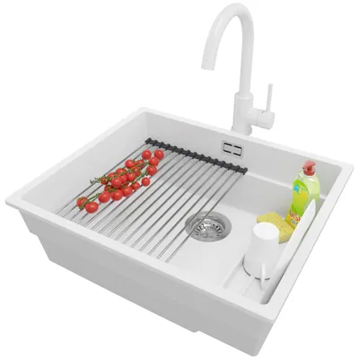 Produktbild von PRIMAGRAN Granitspüle Weiß 56x47cm, Spülbecken 1 Becken + Küchenarmatur 32x20cm + Ablauf-Set + Küchenzubehörset, Küchenspüle ab 60er Unterschrank - Praga Slim