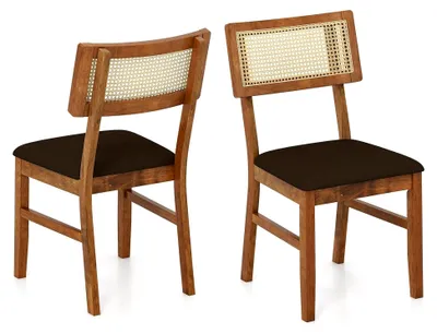 Produktbild von Esszimmerstühle Rattan 2er Set, Küchenstühle aus Holz, gepolsterte Sitzfläche, Holzstühle bis 180 kg belastbar, für Küche und Esszimmer