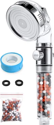 A shower head and its accessories are arranged on a white background.