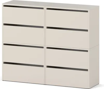 A modern, modular shoe cabinet with four flip-down compartments, presented against a white background.
