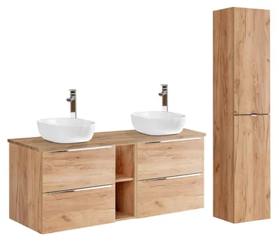 Produktbild von Doppelwaschtisch und Hängesäule 140.4cm April mit 4 Schubladen, Holzoptik