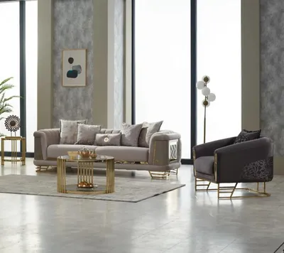 Produktbild von Polstersofa Couchgarnitur Dreisitzer Sessel Beige Couch Stoffsofa 2tlg