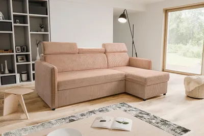Produktbild von BARCELO MINI Universelles Ecksofa 220x140 cm L-Form mit: Schlaffunktion, Bettkasten & Verstellbare Kopfstützen, Hellbraun - Anafi 06 (Kordstoff)