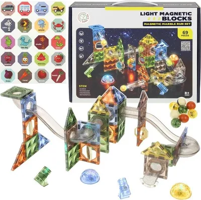 Immagine prodotto di Elementi magnetici, pista per biglie luminosa, pannelli per pista per biglie, 69 pezzi.