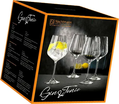 A product box for Nachtmann Gin & Tonic glasses, showing a picture of four glasses filled with a drink and garnished with lemon. The box has text describing the product and recipes.