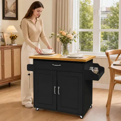 Productafbeelding van NAIZY Mobiele keukentrolley, 115x36x90cm, zwart, MDF trolley met kruidenrek, lades, kast en 4 wielen, geschikt voor keuken en woonkamer