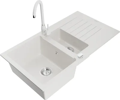 Produktbild von Mexen Matias 1,5-Becken-Granitspüle mit Abtropffläche und Mischbatterie Telma, Weiß - 6502-20-670200-20
