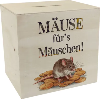 Produktbild von MÄUSE für's Mäuschen Spardose aus Holz Maus auf Münzen