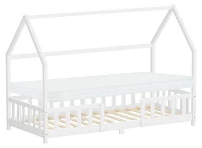 Obrázek produktu pro Dětská postel ML-Design 90 x 200 cm s matrací, výška 10 cm, ochranná střecha proti vypadnutí a rošt, bílá, Montessori postel na podlaze, z borového dřeva, domečková postel pro holčičky a kluky