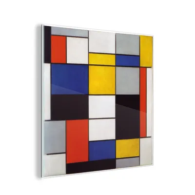 Obrázek produktu pro MuchoWow® Obrazy na skle - Nástěnné obrazy - Fotografie na skle Kompozice A - Piet Mondrian 20x20cm Nástěnná dekorace ze skla - akrylová malba na sklo -