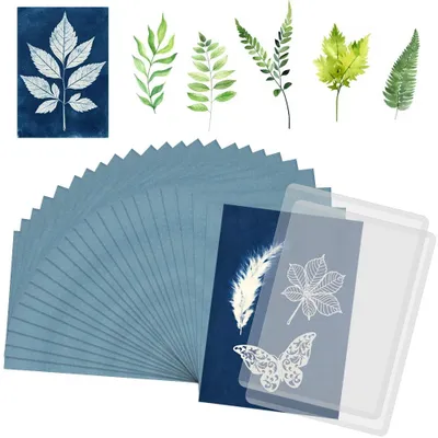 Cyanotypie-Set, 24 Blatt A5 Sonnendruckpapier, 2 Folien