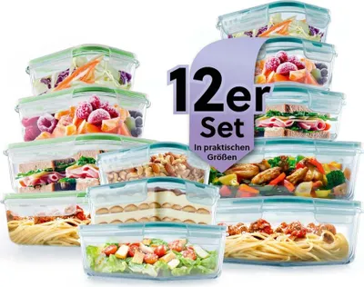 Produktbild von GOURMETmaxx Glas-Frischhaltedosen Klick-it 12er Set für Spülmaschinen Mikrowellen und Gefrierschrank Deckel 4-fach-Klick-Verschluss smaragd+limegreen