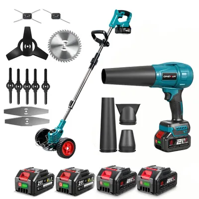 Produktbild von ONEVAN Akku-Laubbläser 300 m/s und Rasentrimmer 600 W, 100-135 cm, 4 Akkus, 4 Düsen, Blau