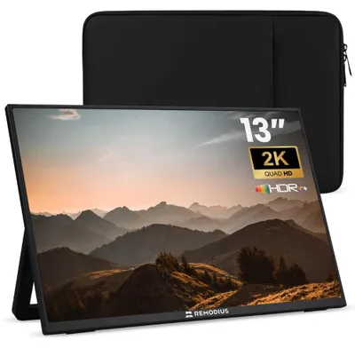 Imagen del producto de Monitor portátil Remodius de 13 pulgadas con funda protectora: segundo monitor portátil 2K con conexión USB-C para portátil