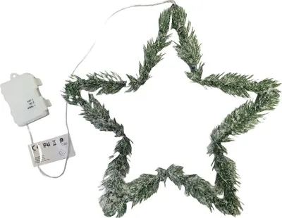 A star-shaped Christmas decoration with lights and a battery pack.