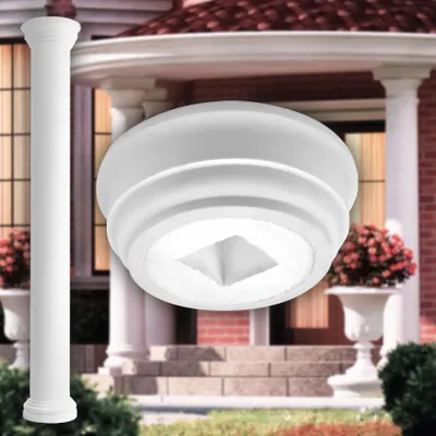 Produktbild von PRESTIGE DECOR Kapitell für Säulen 380x380x130mm Säulenknauf Kunstharzputz weiß, Fassadenverkleidung aussen Pfeiler Wandverkleidung (Kapitell LC101-1F, vollrund)