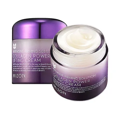 Two jars of Mizon Collagen Power Lifting Cream are displayed against a white background. One jar is in focus and open, showing the cream inside. The other jar is slightly out of focus behind it.