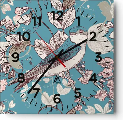 Produktbild von Wanduhr - Quadrat - Glasuhr - Vogel Baum modern - 30x30cm - Schleichendes Uhrwerk - Lautlos - zum Aufhängen bereit - Dekoration Modern - Wanddekoration aus Glas - C4AC30x30-3585