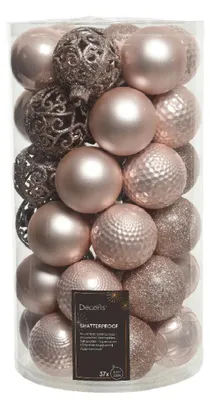 Produktbild von Weihnachtsbaumkugeln Set 37 Stück Ø 6 cm puderrosa bruchsicher Kunststoff glanz matt glitter Ornament Mix ohne Aufhänger ideal für den Christbaum