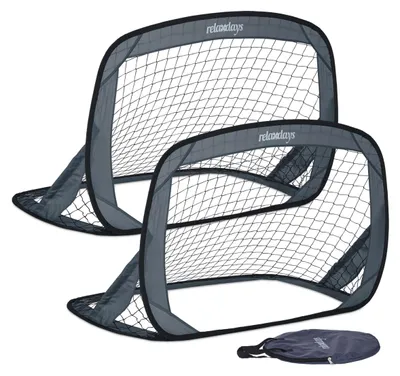 Zdjęcie produktu dla Relaxdays Pop Up – zestaw 2 bramek, składane bramki piłkarskie do ogrodu, bramki dla dzieci z torbą, wys. x szer. x gł.: 78 x 121 x 80 cm, kolor szary