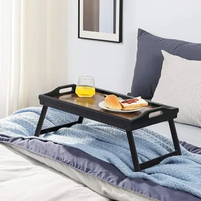 Immagine prodotto di SONGMICS vassoio da letto, vassoio per la colazione, supporto per laptop, con gambe pieghevoli in bambù, per letto, divano, per spuntini, con scanalatura per cellulare, 50 x 30 x 26 cm, marrone vintage LLD106B01