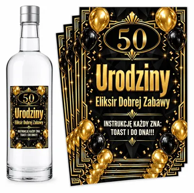 Produktbild von Flaschenetiketten – zum 50. Geburtstag – „Eliksir Dobrej Zabawy” – Schwarz-Gold – 8 Stück