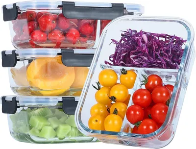 Obrázek produktu pro Sada 3 skleněných nádob na potraviny, 1040 ml, 3 přihrádky + přepážka, vzduchotěsné, vhodné do trouby i mrazáku