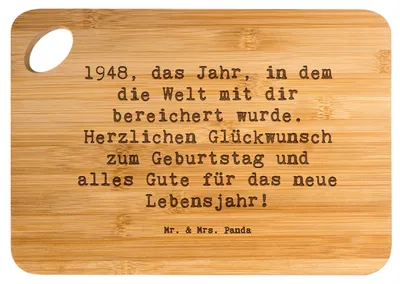 Produktbild von Mr. & Mrs. Panda Schneidebrett Spruch 1948 Geburtstag - Transparent - Geschenk, besondere Botschaft, Frühstücksbrett, holzschneidebrett, Geburtstagsgeschenk, Alter, Brett