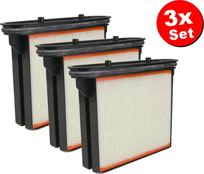 Three vacuum cleaner filters are arranged in a staggered formation against a white background.