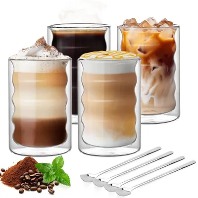 Obrázok produktu pre Omgoods – Sklenená nádoba na latte macchiato s dvojitou stenou – 350 ml, s 4 lyžičkami – Vhodná na espresso a cappuccino