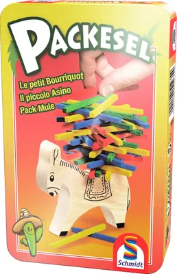 The image shows the packaging of a game called Packesel, featuring a wooden donkey toy with colorful sticks being stacked on its back.