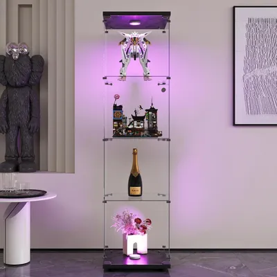 Produktbild von Glasvitrine mit 4 Einlegeböden, LED-Beleuchtung, 1 Tür, 164 x 42 x 36 cm, Sammlervitrine, Schwarz, Transparent