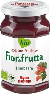 A jar of Rigoni di Asiago raspberry jam on a white background.