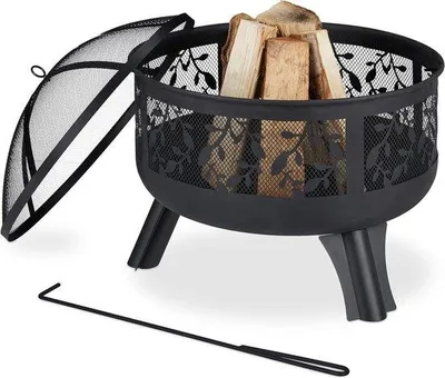 Produktbild von Famanu Feuerkorb mit Funkenfang - Feuerrost - Blätterdesign - Schale Ø 62 cm - Feuertonne schwarz