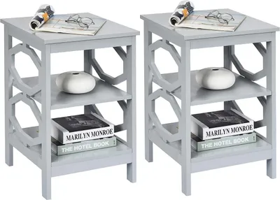 Two identical gray end tables are shown side-by-side against a white background.