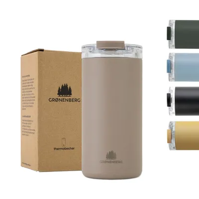A product shot of a reusable coffee cup and its packaging, with other color options displayed.