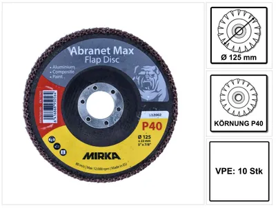 Produktbild von Mirka Abranet Max Flap Disc T29 125 mm 22 mm ALOX 40 ( 10x 8896700140 ) Fächerscheibe für Aluminium, Verbundstoffe, Lack