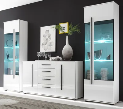 Produktbild von Furn.Design Wohnwand, weiß Hochglanz MDF, Design-D, 3-teilig, 290x200x42 cm, Soft-Close Schubladen, höhenverstellbare Einlegeböden, variable Aufstellung, aus nachhaltiger Forstwirtschaft