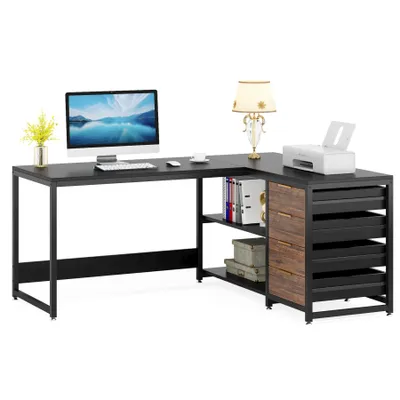 Produktbild von Tribesigns L-förmiger Schreibtisch mit Schubladen, 150 cm Eckschreibtisch mit Regalen, umkehrbarer L-förmigerBüro Arbeitstisch, HomeOffice, Schwarz