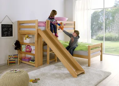 Produktbild von Etagen- bzw. 2. Einzelbetten Beni Buche massiv Natur lackiert mit Rutsche 90x200