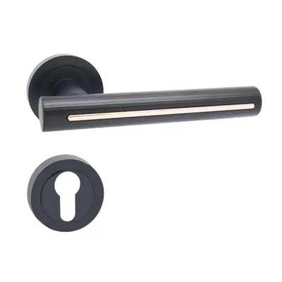 Produktbild von Domino Türgriff PILAR-RDrückergarnitur PZ - Profilzylinder Set Rund-Rosette Türklinke für Zimmertür, Kellertür & Innentür Aluminium Schwarz/Gold