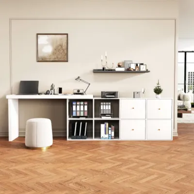 Produktbild von Ecktisch, Tischplatte 360° schwenkbar-L-förmig oder gerade aufstellbar,Tischplatte und Beine 4 cm verstärkt, mit 4 Fächern,Schreibtisch