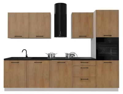 Obrázek produktu pro Kuchyňská linka 300 cm - s černou pracovní deskou - Dub Hicora - horní a dolní skříňky - tiché dovírání - Kuchyňský blok - BONO