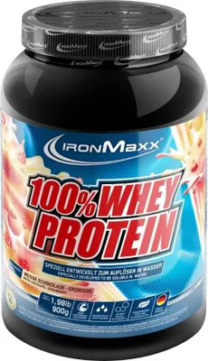 Zdjęcie produktu dla Białko w proszku IronMaxx 100% Whey Protein, biała czekolada/truskawka, 900 g