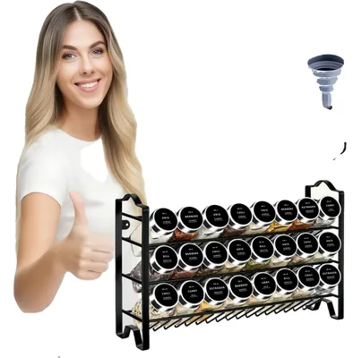 Zdjęcie produktu dla Słoiki na przyprawy, pojemność 120 ml, w zestawie z półką i etykietami, 24 sztuki oraz półka na przyprawy