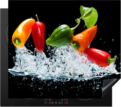Produktbild von KitchenYeah© Herdabdeckplatte Paprika - Schwarz - Gemüse - Wasser - Blatt , 60x52cm, Küche Deko, Glaskeramikkochfeld Herdabdeckung, Abdeckplatte fùr Kochfeld