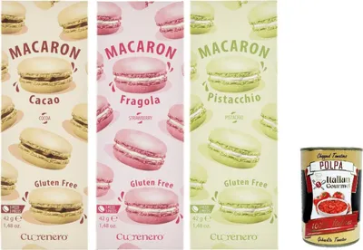 Produktbild von Cuorenero Macaron Testpaket , gluten frei, gluten free, Kosher, Macaron Schokoalde 3x 42g + Italian Gourmet polpa 400g