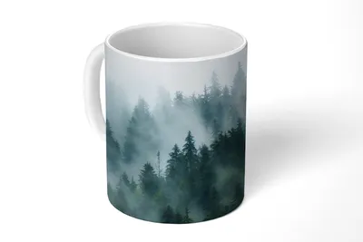 Produktbild von KitchenYeah® Tasse Kaffeetasse Kaffeebecher 350 ml Nebel - Bäume - Wald Teetasse - Fototasse - Becher - Keramikbecher - Teebecher - Kaffeetasse - Bürotasse