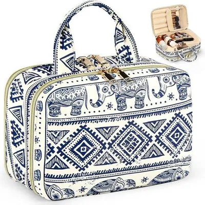 Produktbild von Unyqoos® Kosmetiktasche groß 26 x 10 x 17 cm – wasserdichte Make-up-Tasche aus Polyester, Organizer mit Reißverschluss, PVC-Pinselhülle, Elefantenmuster, Uni