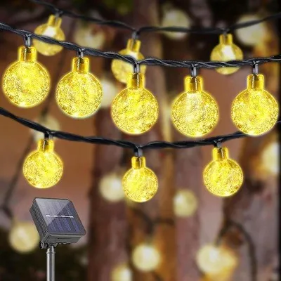 Obrázok produktu pre Solárne reťazové osvetlenie do exteriéru – reťazové osvetlenie s krištáľovými guličkami, 20 LED diód, dĺžka 5 m, IP44 – 8 režimov – na terasu, balkón, do záhrady – do exteriéru aj interiéru – na záhradnú párty – LED reťazové osvetlenie do exteriéru